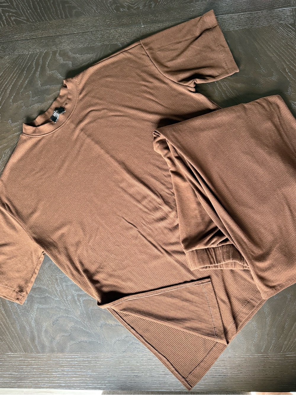 Dressed in LALA Brown Ribbed Short-Sleeve Tee and pants